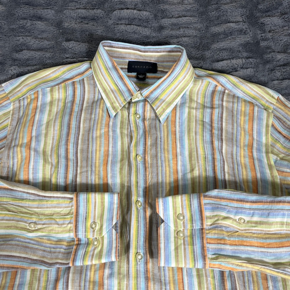 Toscano Mens Large 100% Linen Long Sleeve Striped Button Down Shirt Multicolor